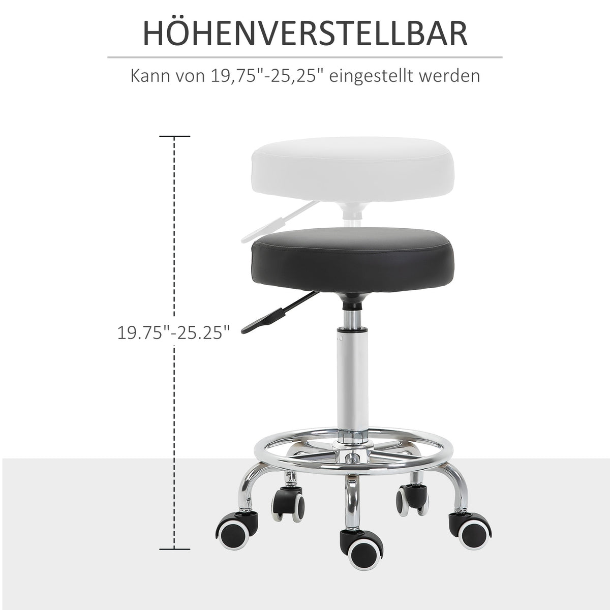 Rolling stool, height-adjustable work stool with foot ring, rotating salon stool, swivel stool with wheels, black, Ø42 x 50-64 cm