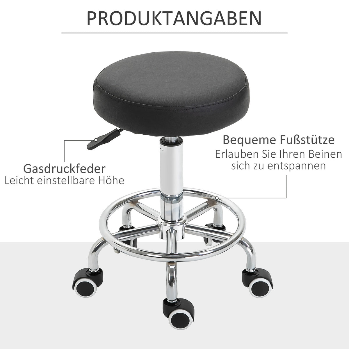 Rolling stool, height-adjustable work stool with foot ring, rotating salon stool, swivel stool with wheels, black, Ø42 x 50-64 cm
