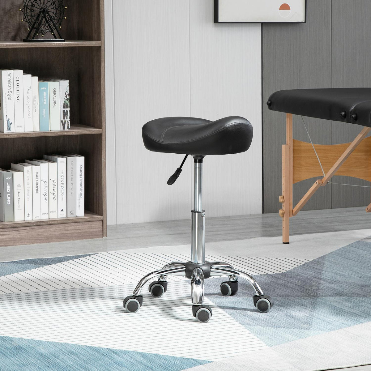 Rolling stool, height-adjustable work stool with wheels, rotating salon stool for massage, faux leather, black, 48 x 48 x 54-69 cm