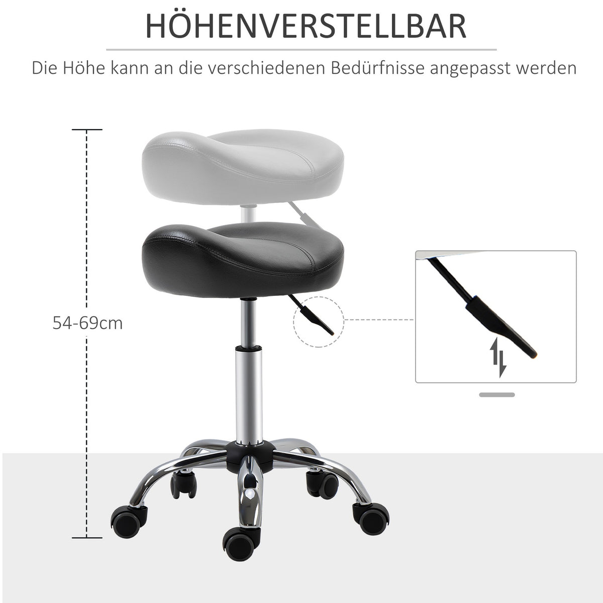 Rolling stool, height-adjustable work stool with wheels, rotating salon stool for massage, faux leather, black, 48 x 48 x 54-69 cm