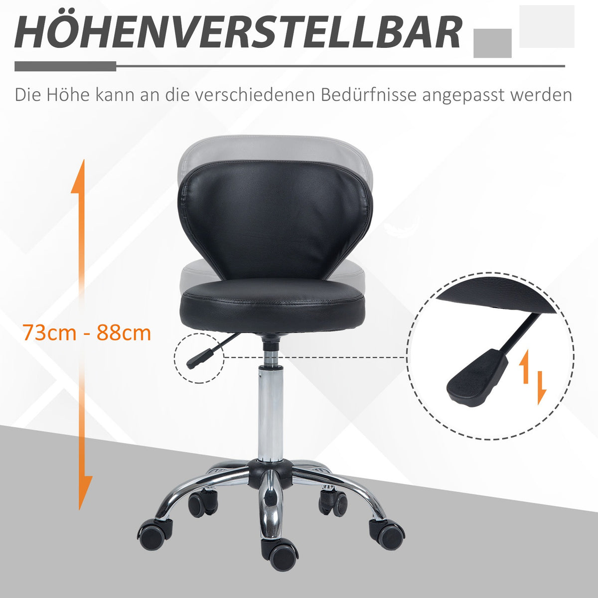 Rolling stool massage stool - rotating work stool 360° - height-adjustable seat 49-64H cm, ergonomic backrest - chrome-plated metal in black faux leather cover