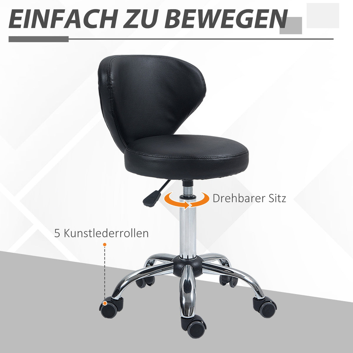 Rolling stool massage stool - rotating work stool 360° - height-adjustable seat 49-64H cm, ergonomic backrest - chrome-plated metal in black faux leather cover