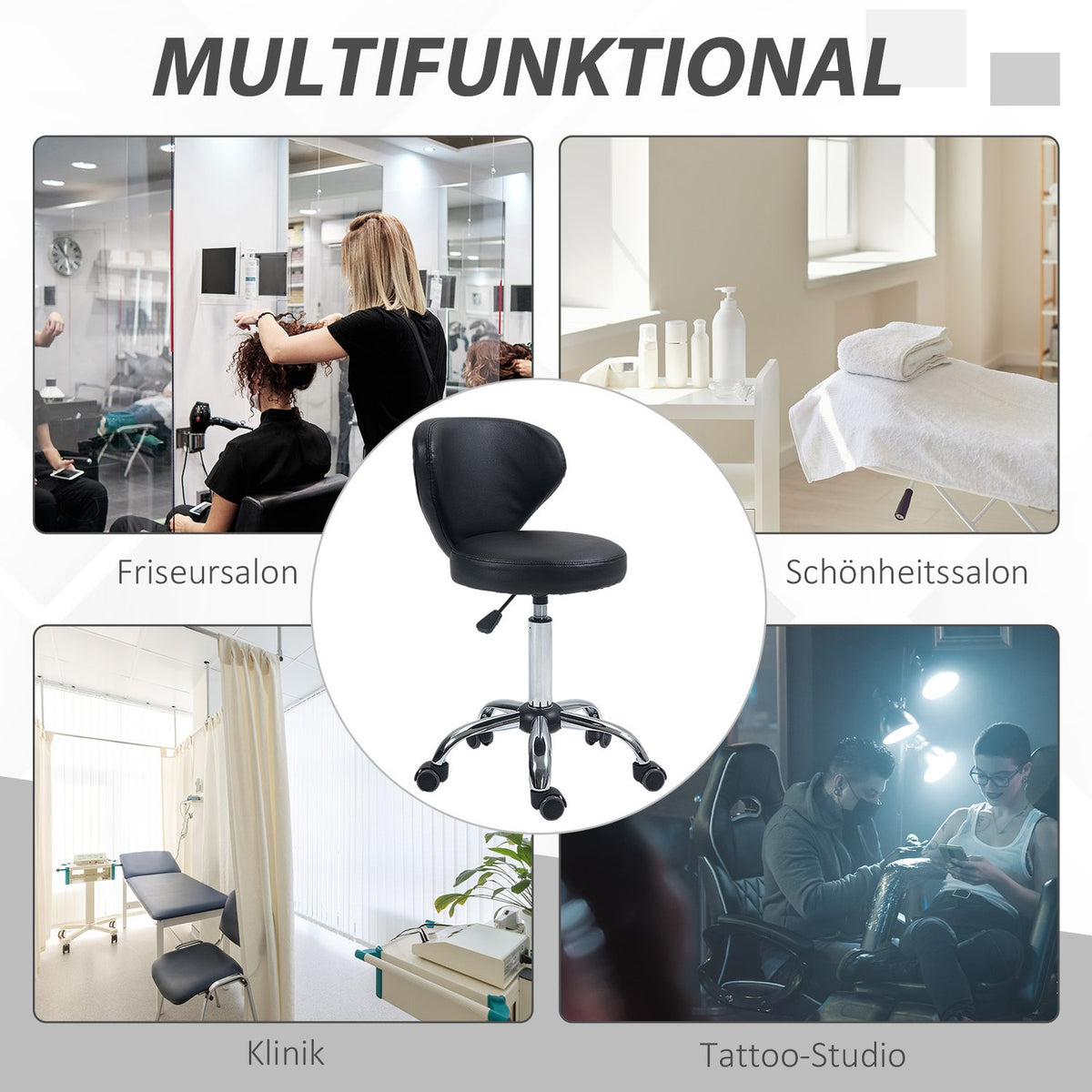 Rolling stool massage stool - rotating work stool 360° - height-adjustable seat 49-64H cm, ergonomic backrest - chrome-plated metal in black faux leather cover