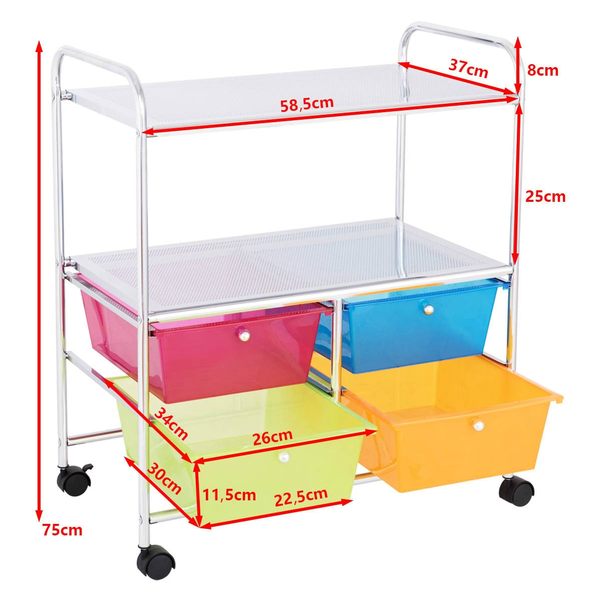 Rolling trolley 4 drawers bathroom rolling container kitchen trolley with wheels 58.5 x 37 x 75 cm colorful