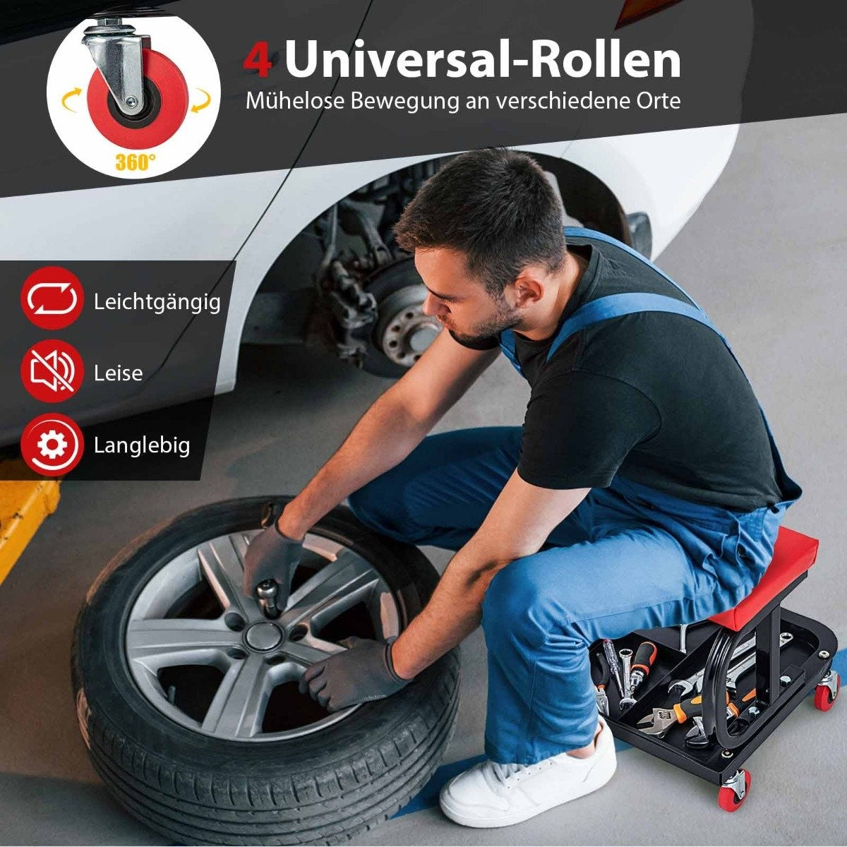 Rolling workshop stool with tool tray 150 kg load capacity