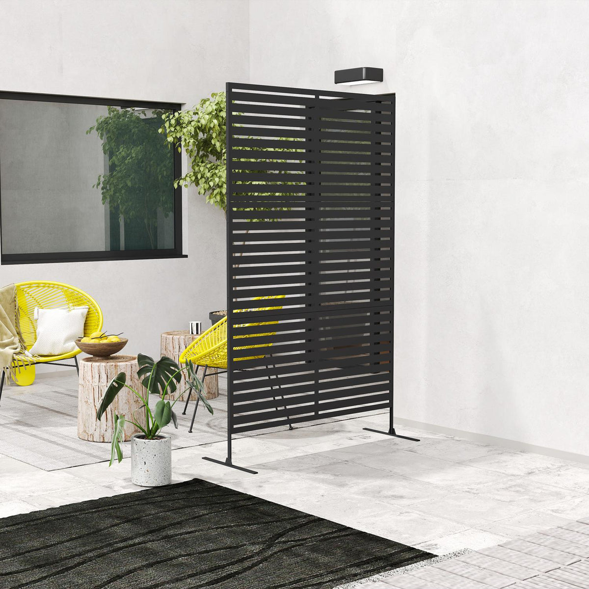 Room divider, 3 parts, 122 x 198 cm, free-standing screen in slats, partition wall, 3-piece privacy screen made of steel, outdoor room divider, privacy screen, partition for garden, balcony, terrace, black