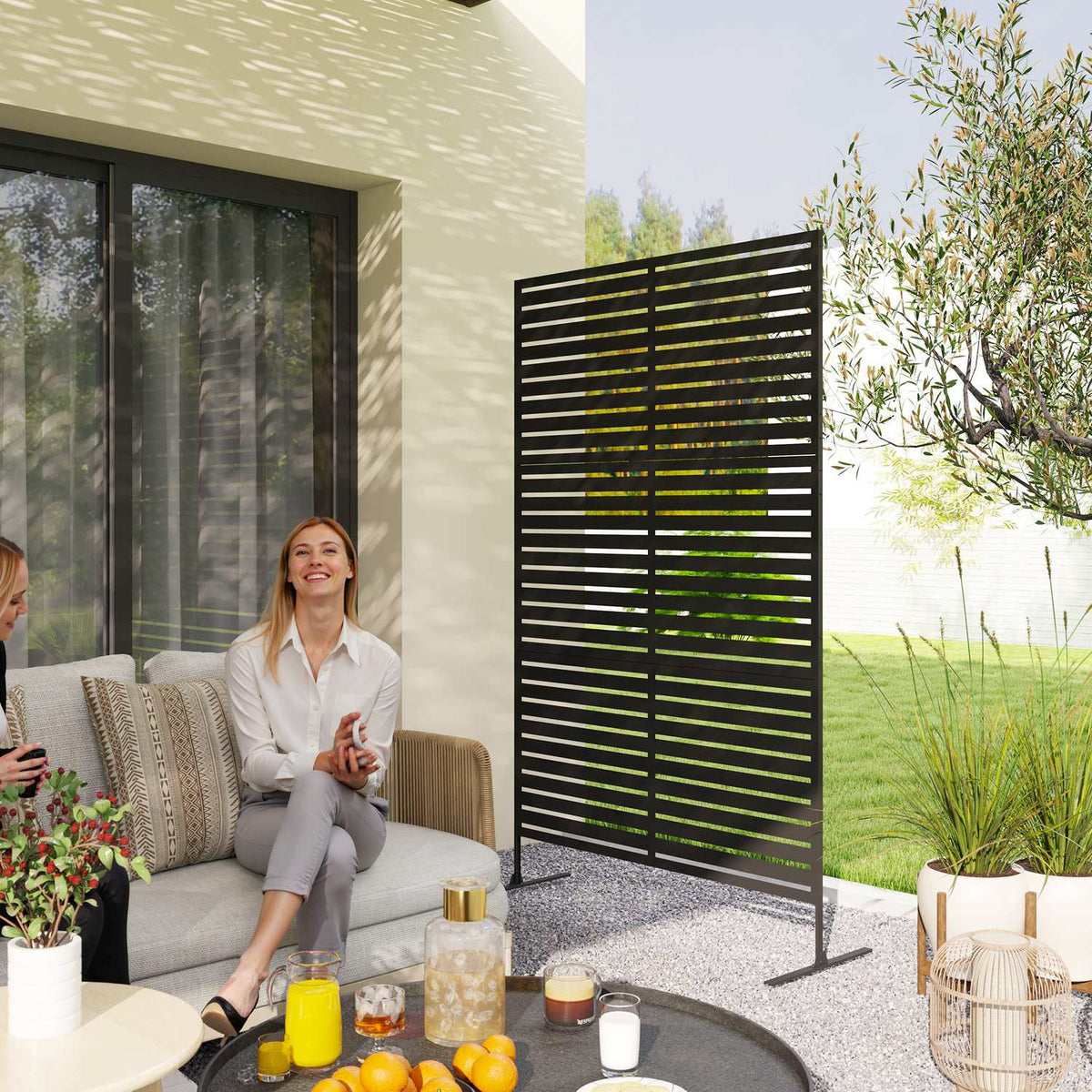 Room divider, 3 parts, 122 x 198 cm, free-standing screen in slats, partition wall, 3-piece privacy screen made of steel, outdoor room divider, privacy screen, partition for garden, balcony, terrace, black