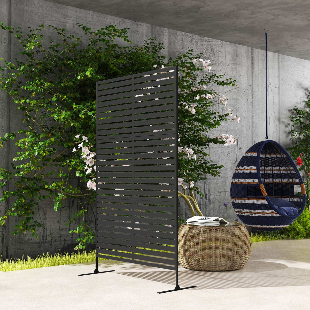 Room divider, 3 parts, 122 x 198 cm, free-standing screen in slats, partition wall, 3-piece privacy screen made of steel, outdoor room divider, privacy screen, partition for garden, balcony, terrace, black