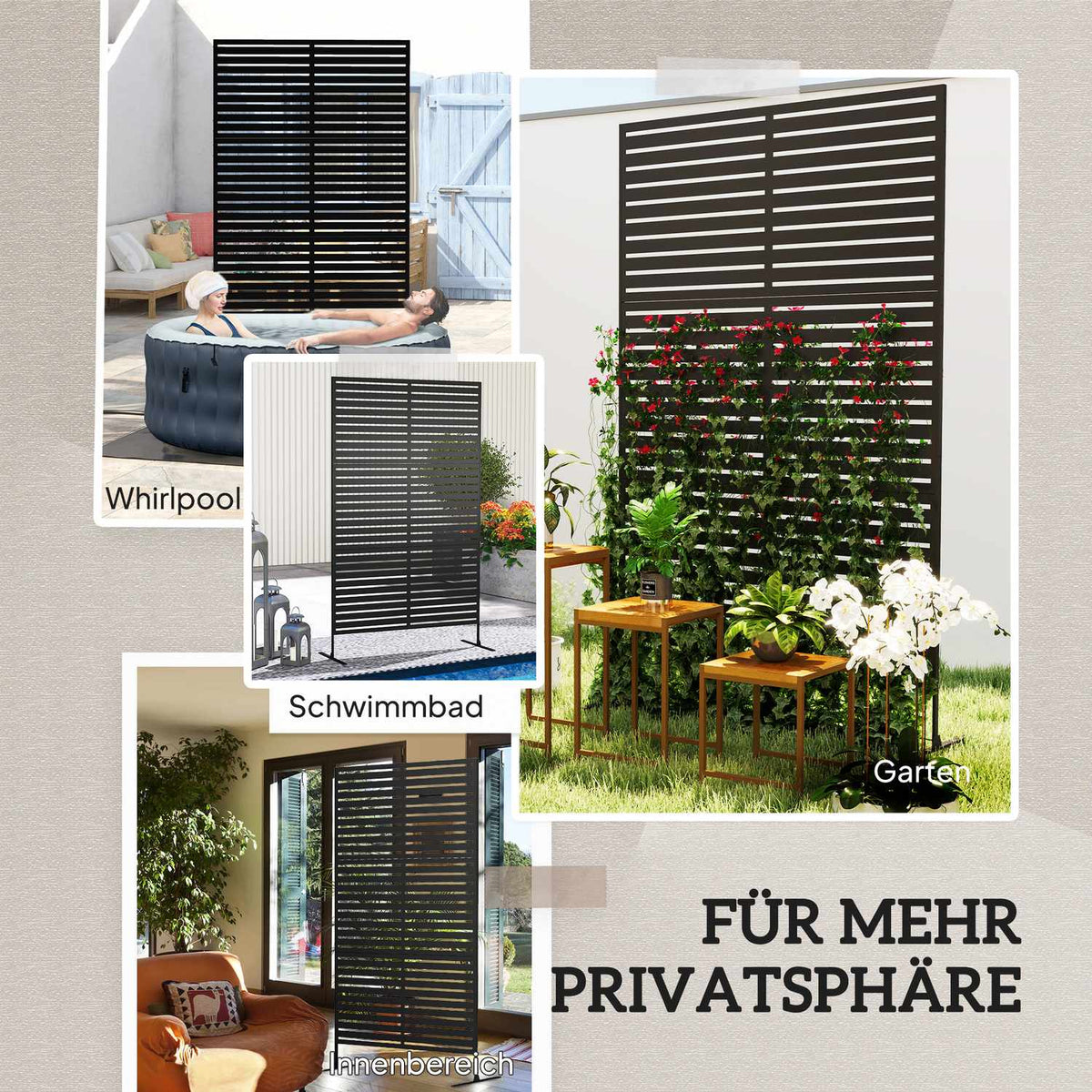 Room divider, 3 parts, 122 x 198 cm, free-standing screen in slats, partition wall, 3-piece privacy screen made of steel, outdoor room divider, privacy screen, partition for garden, balcony, terrace, black