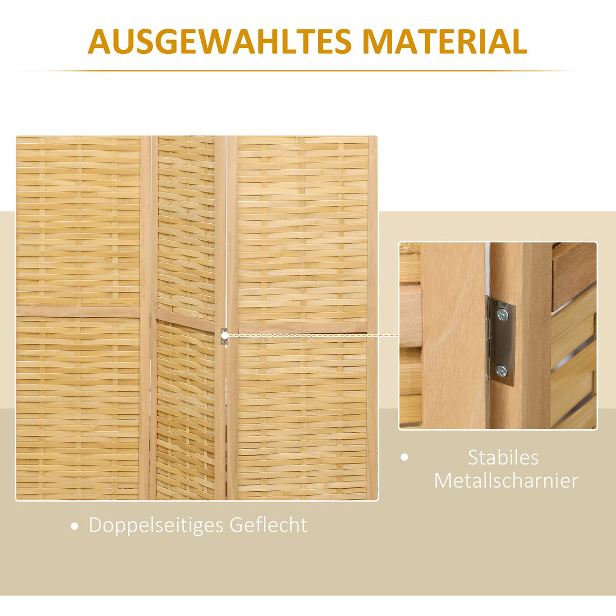 Room divider screen, 3-part, foldable privacy screen made of bamboo, 120x170cm, for living room or bedroom, natural