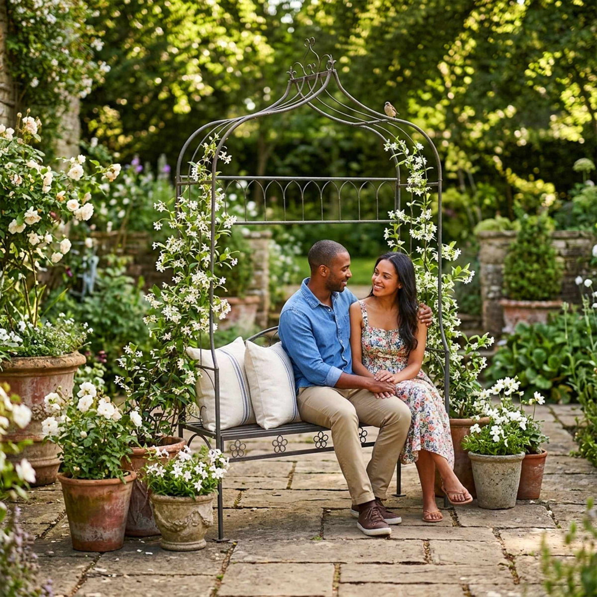 Rose Arch With Bench – Black Metal Garden Trellis