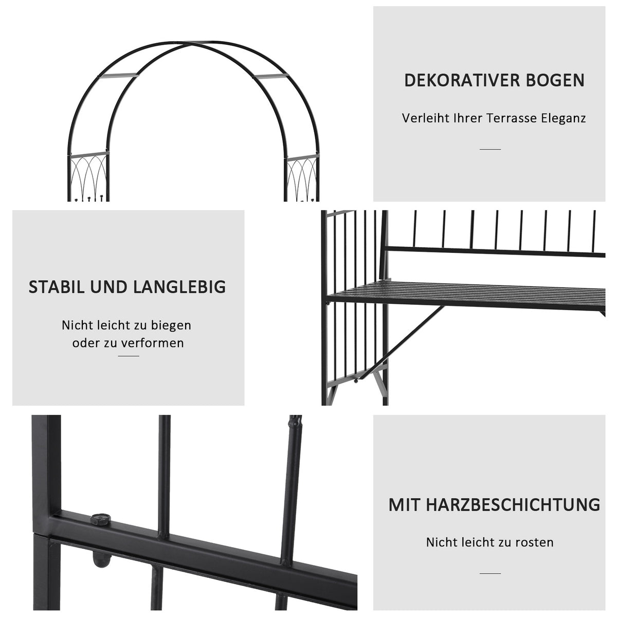 Rose Arch With Bench, Rose Bench, Arbor Bench, Philosopher'S Bench, Trellis, Garden Bench, Metal, Black, 121 X 50 X 203 Cm