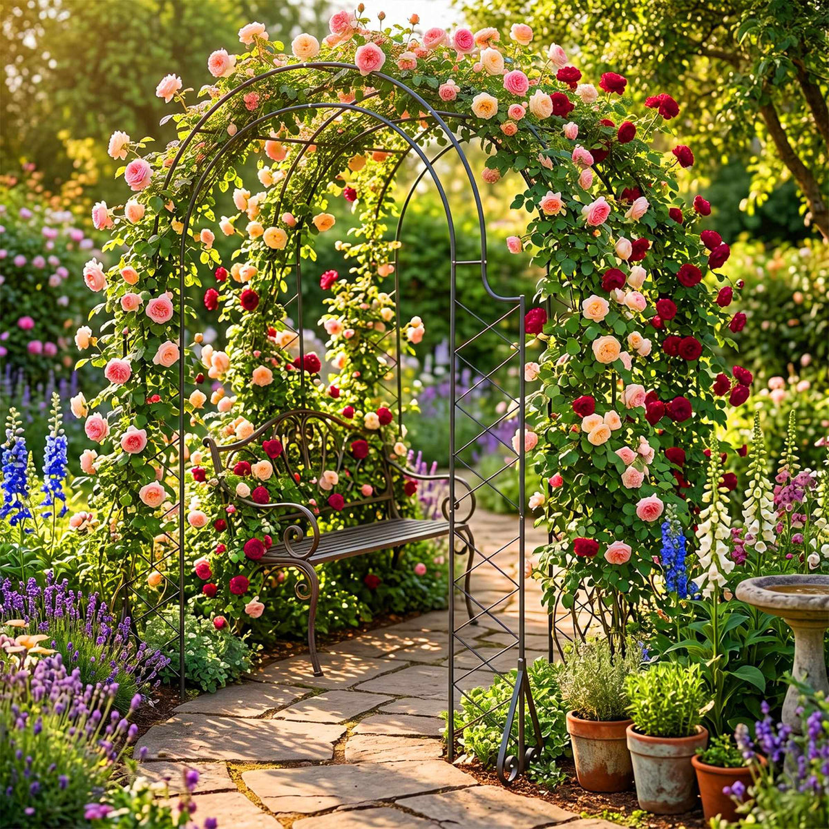 Rose Trellis Garden Arch, Black Metal, 3-Arch Design