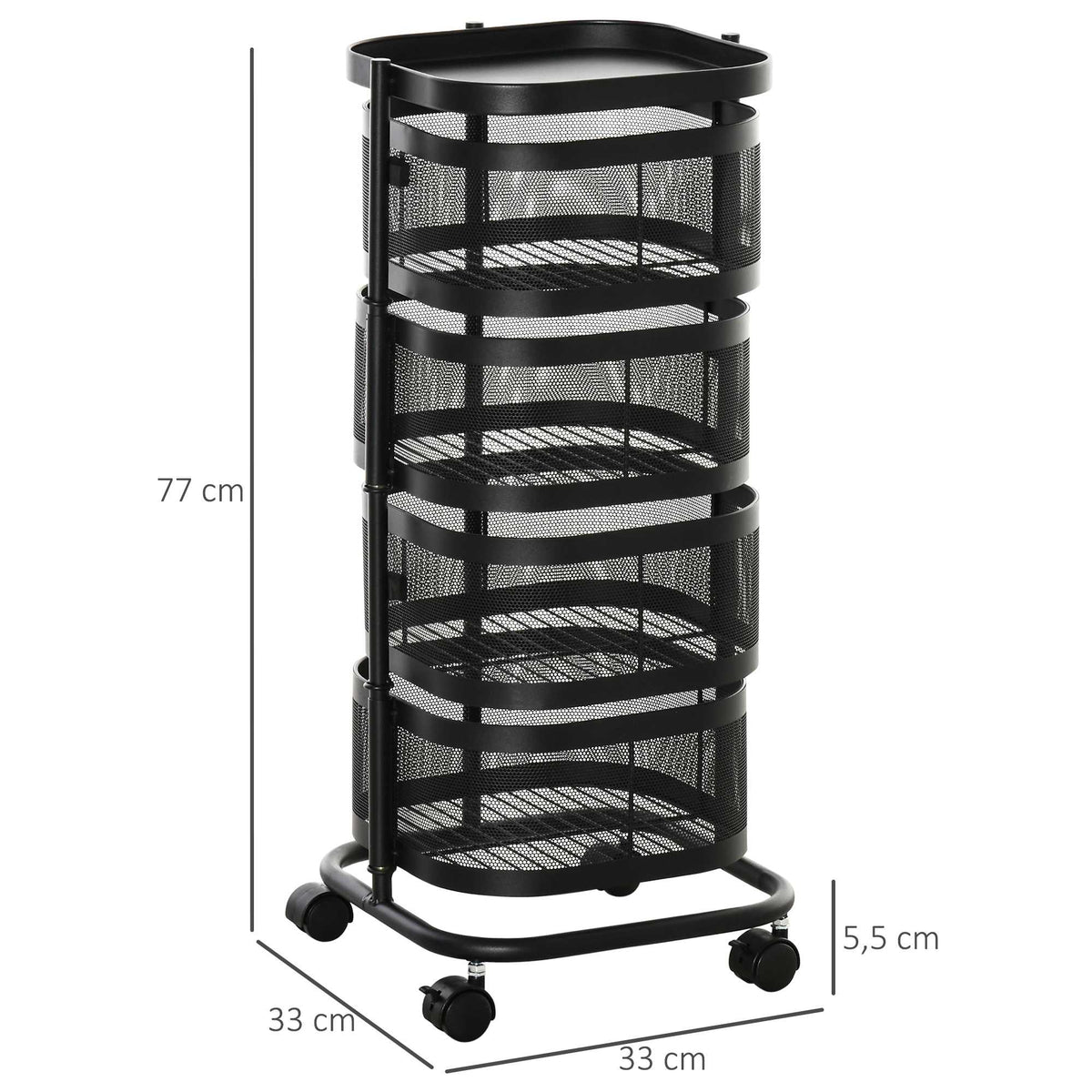 Rotating 4-Tier Kitchen Cart with Wheels, Black, 33x33x77 cm