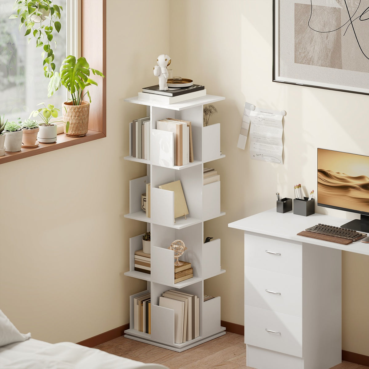 Rotating Bookshelf, 4 Tiers, 16 Compartments, White MDF
