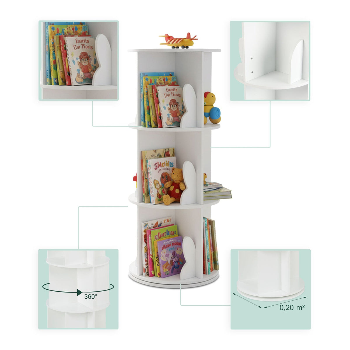 Rotating Children's Bookcase, White, Rabbit Ear Design