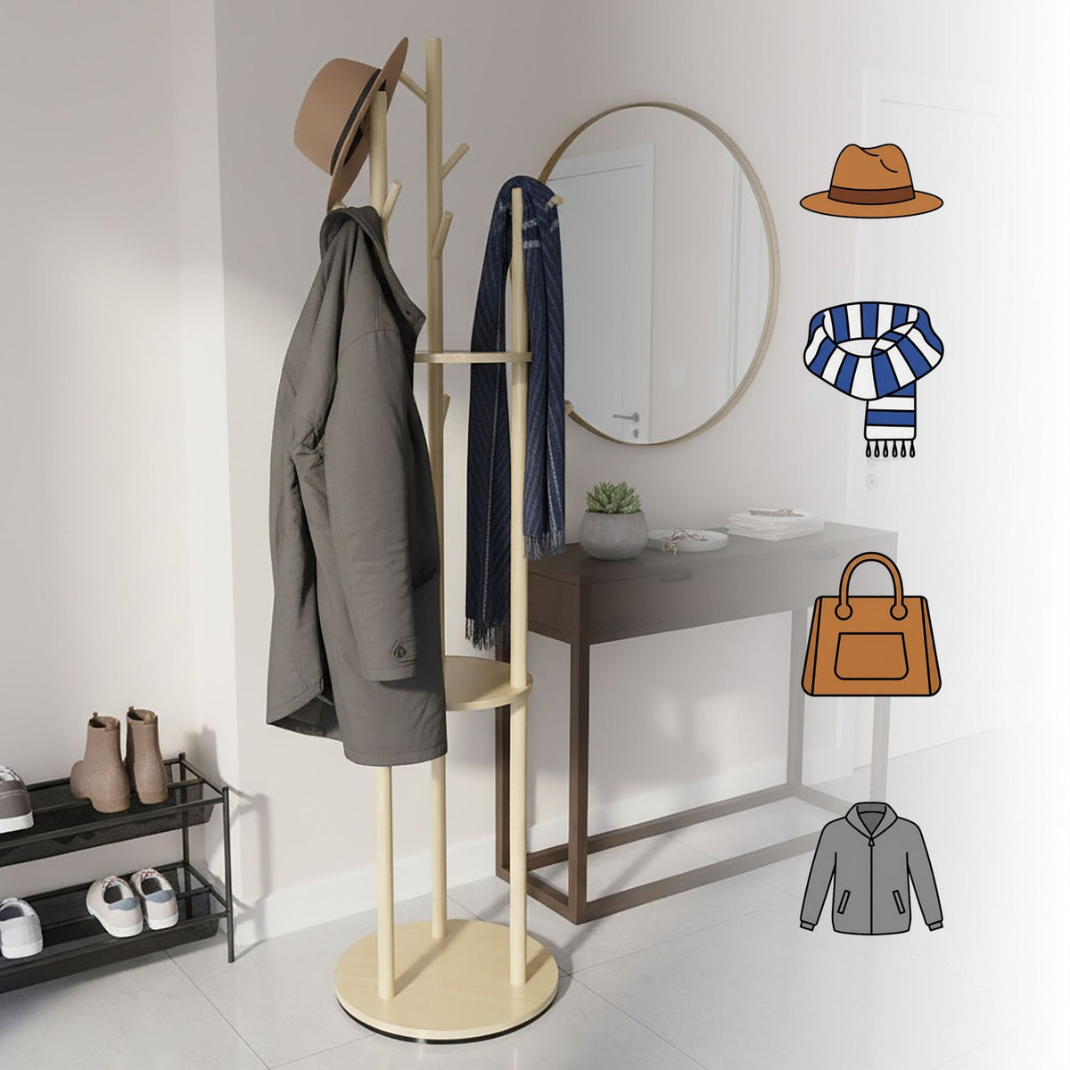 Rotating Coat Rack with 3 Shelves and 9 Hooks