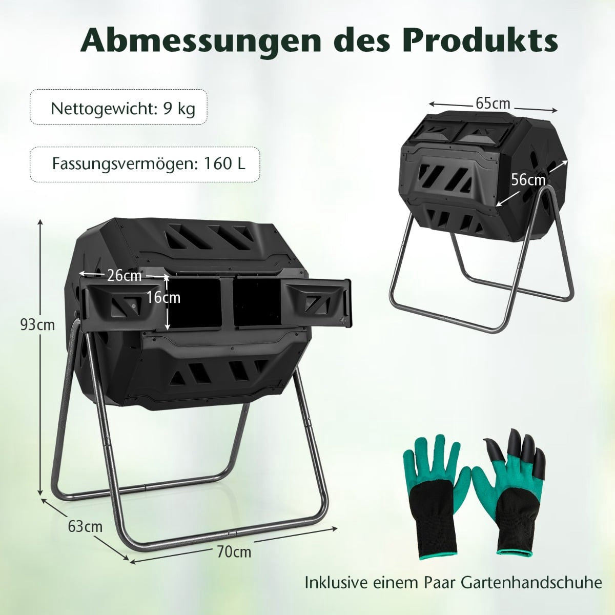 Rotating Dual Chamber Compost Bin, 160L, Black