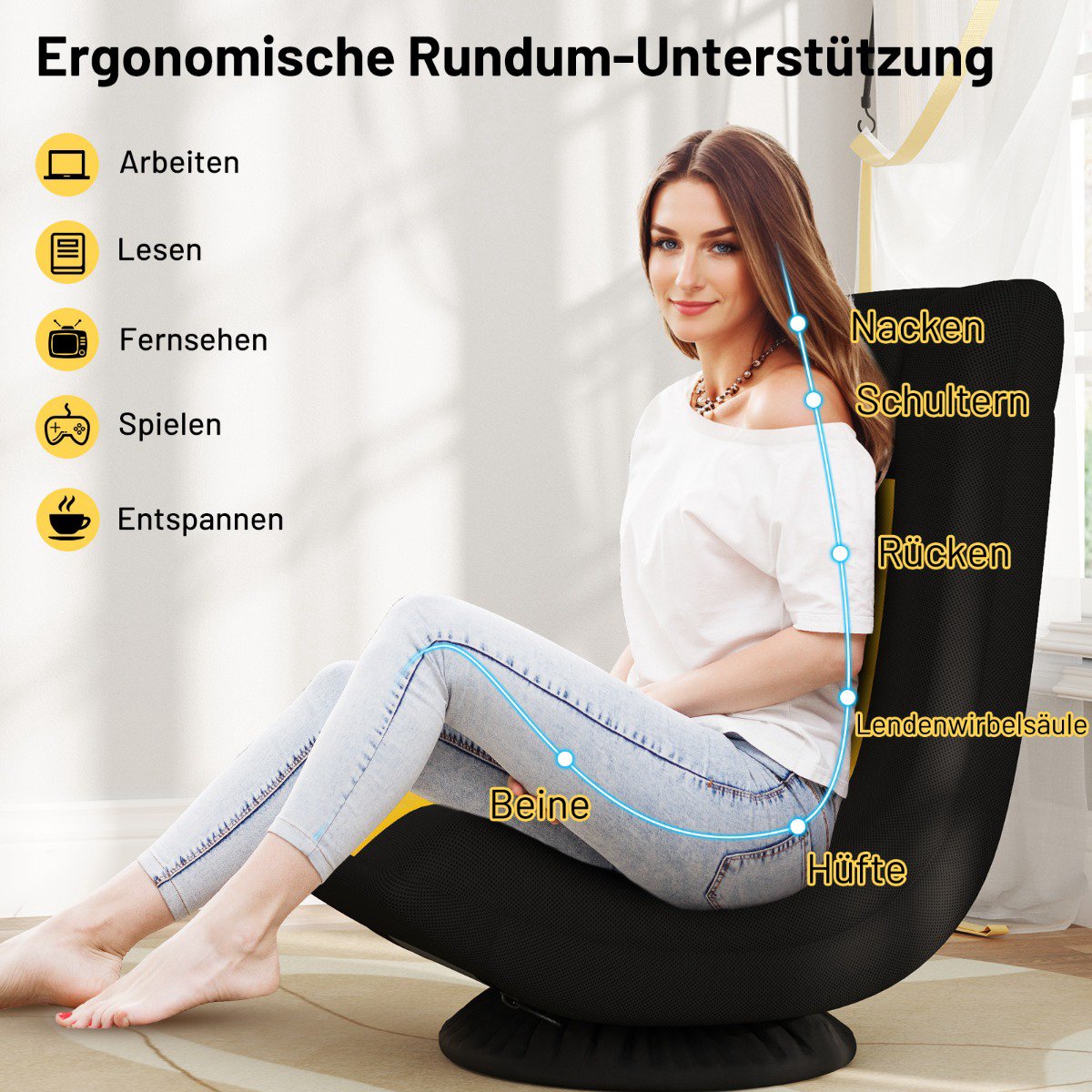 Rotating Floor Chair with Adjustable Backrest, Yellow