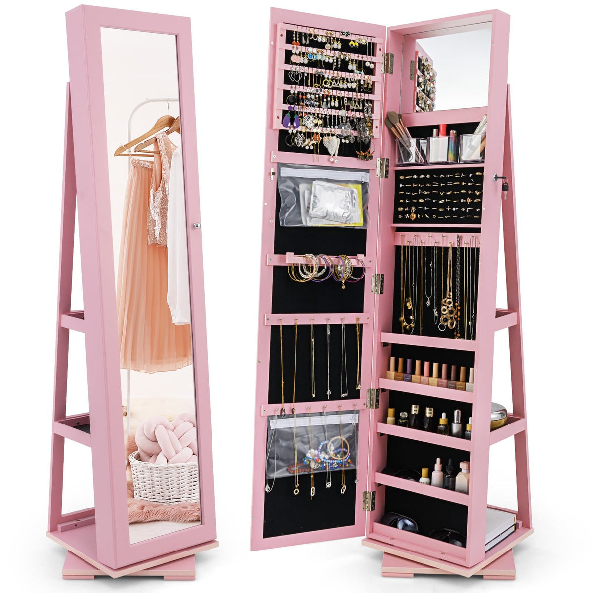Rotating Jewelry Armoire with Full-Length Mirror, Pink