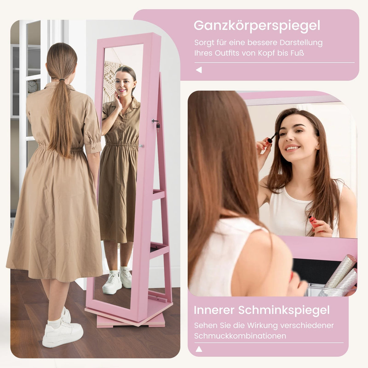 Rotating Jewelry Armoire with Full-Length Mirror, Pink