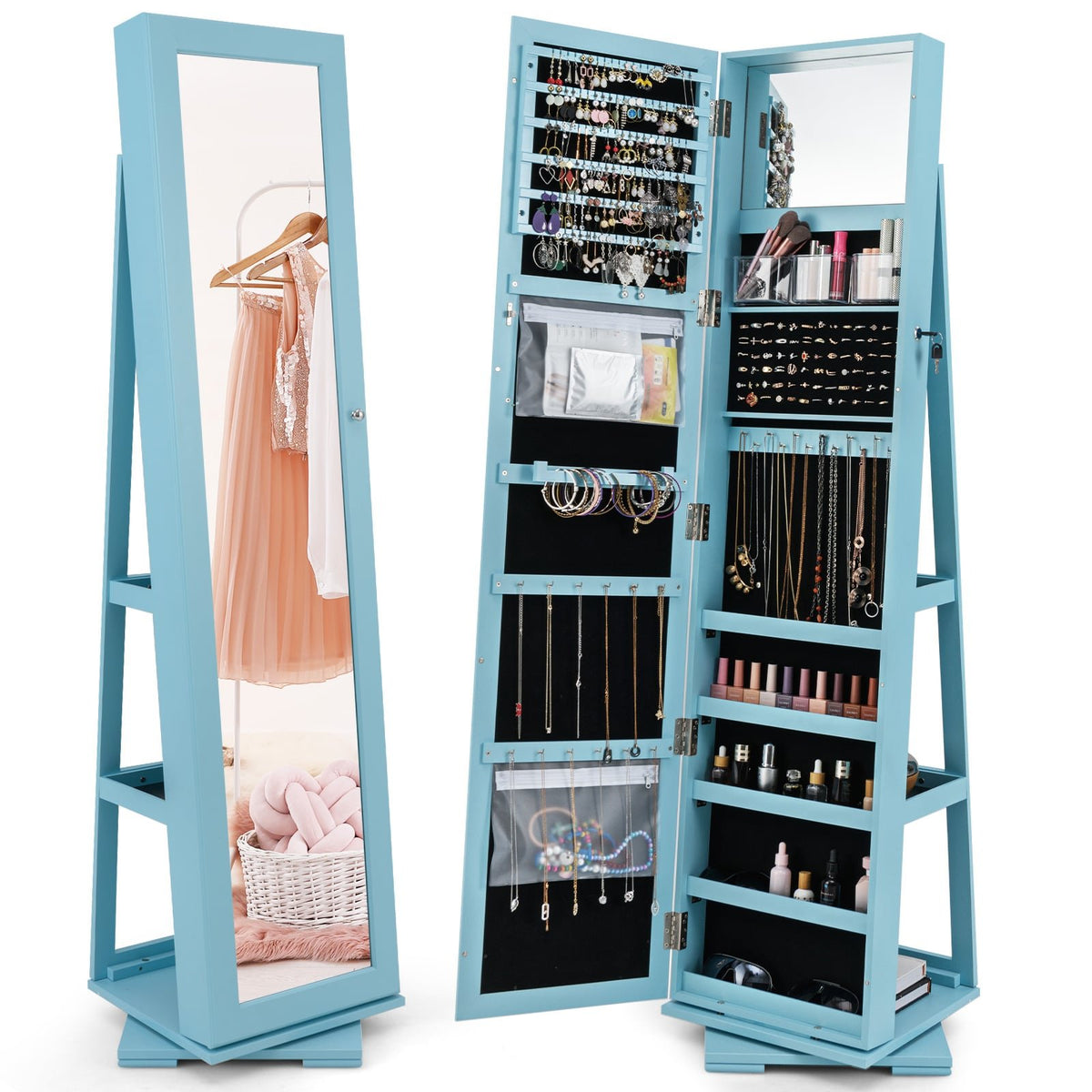 Rotating Jewelry Cabinet with Full-Length Mirror, Blue