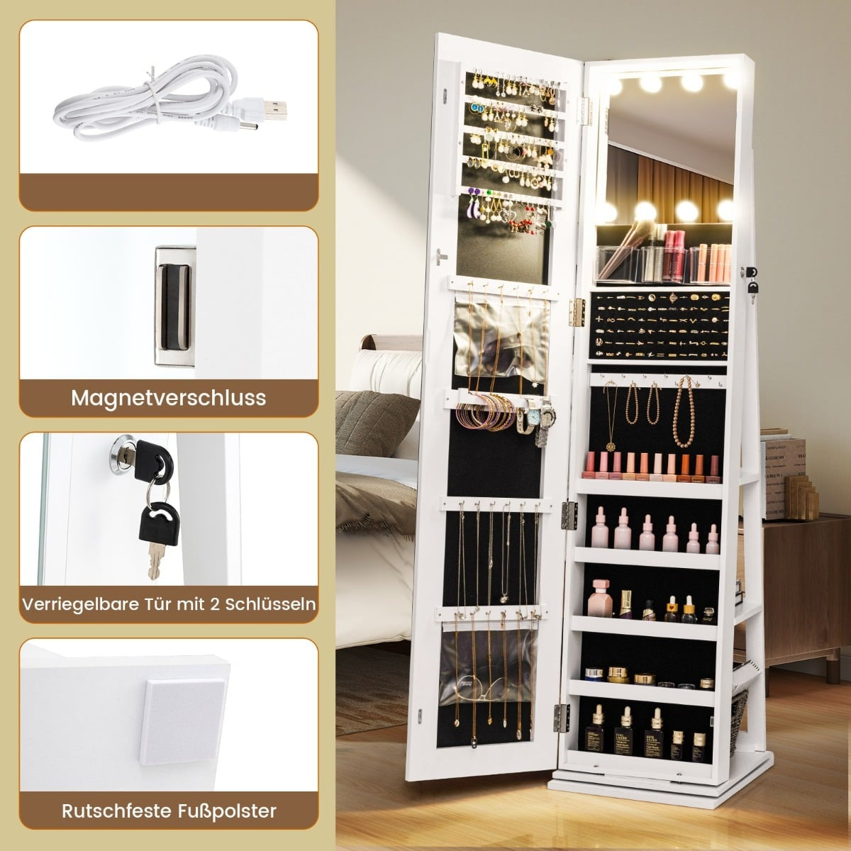Rotating Jewelry Cabinet with LED Mirror & Storage Shelves