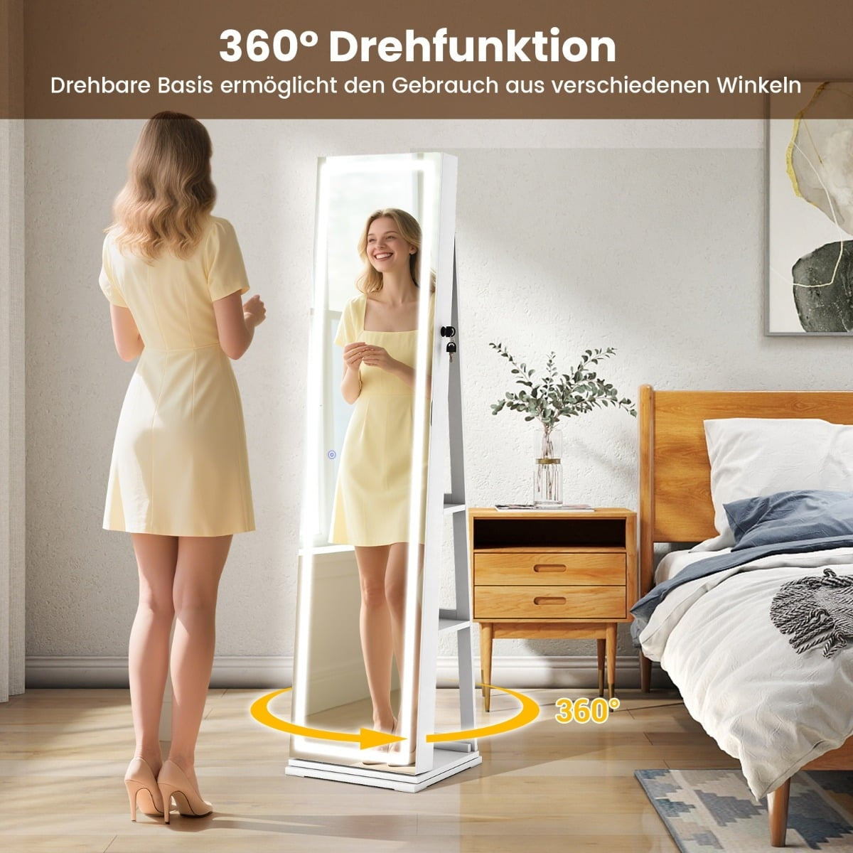 Rotating Jewelry Cabinet with LED Mirror & Storage Shelves