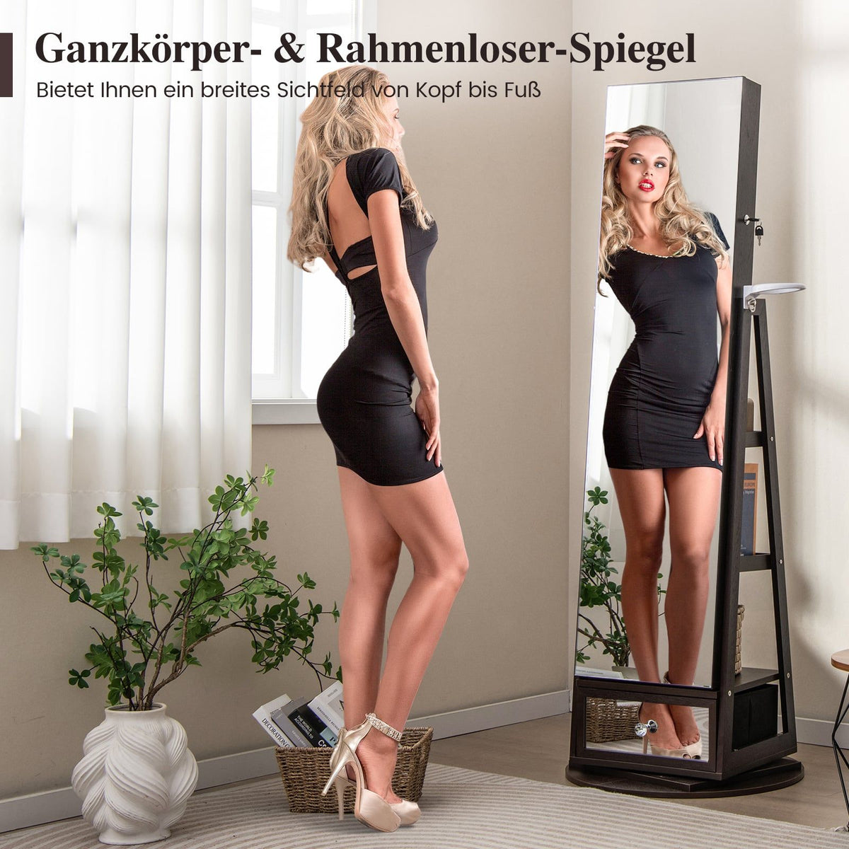 Rotating Jewelry Cabinet with Mirror, Lockable, LED Lights
