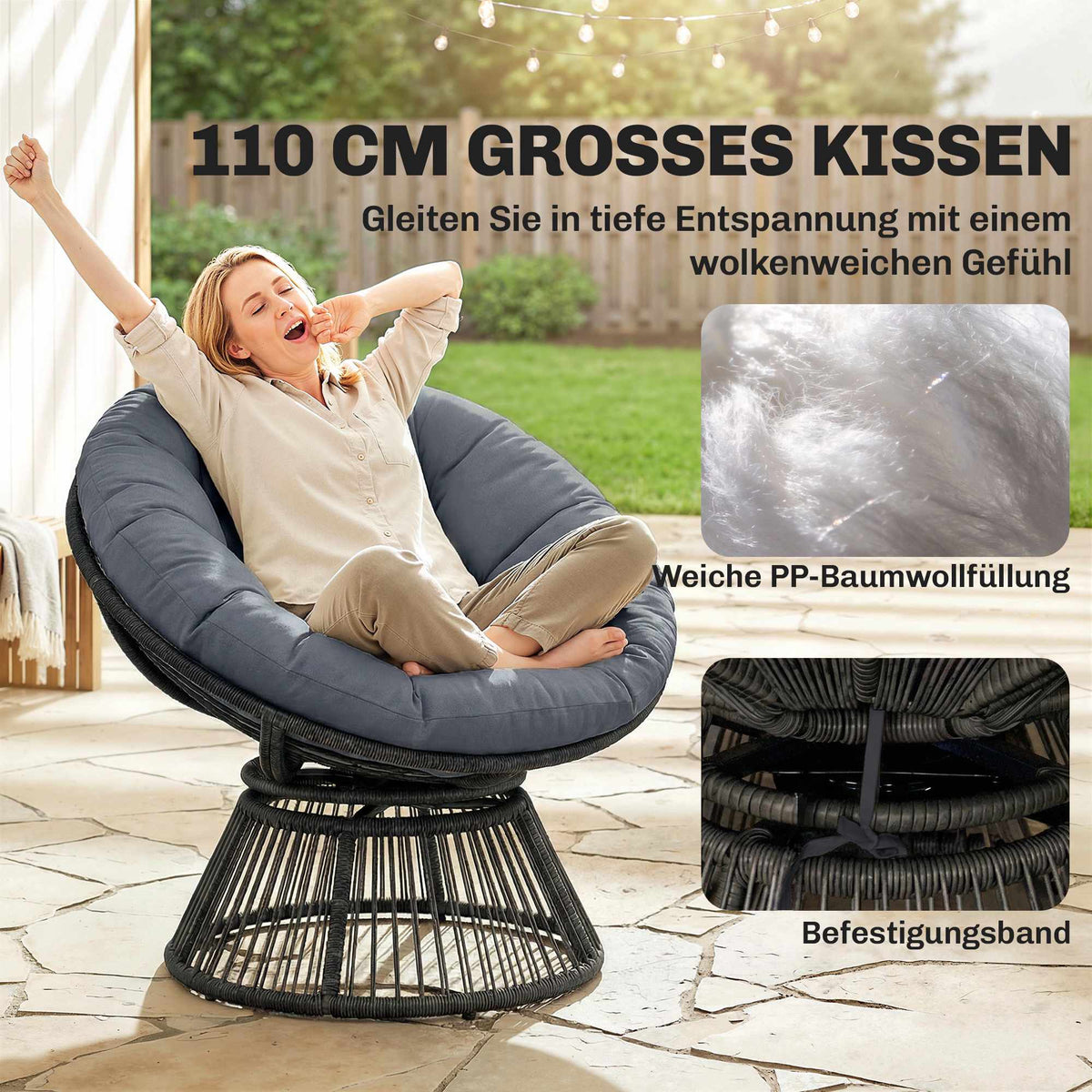 Rotating Papasan Chair with Cushion, Steel Frame, Grey