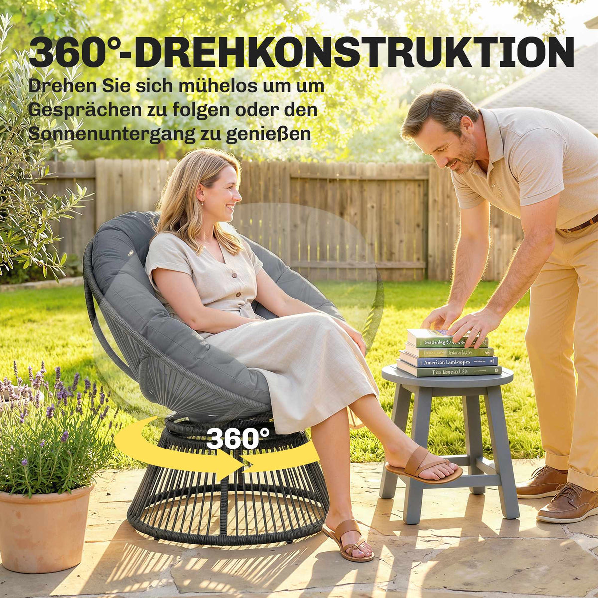 Rotating Papasan Chair with Cushion, Steel Frame, Grey