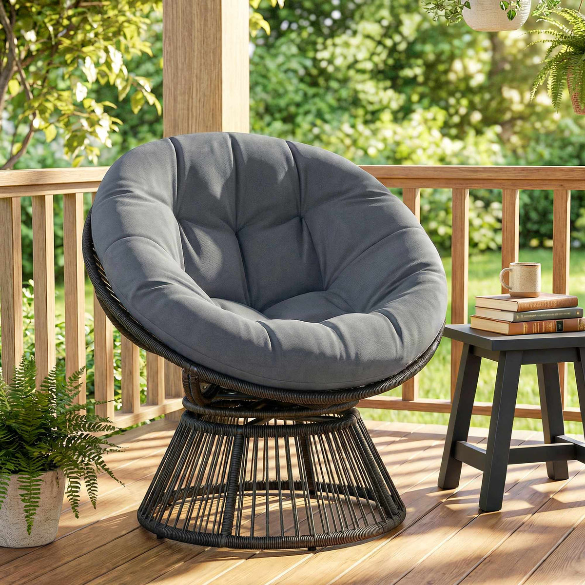 Rotating Papasan Chair with Cushion, Steel Frame, Grey
