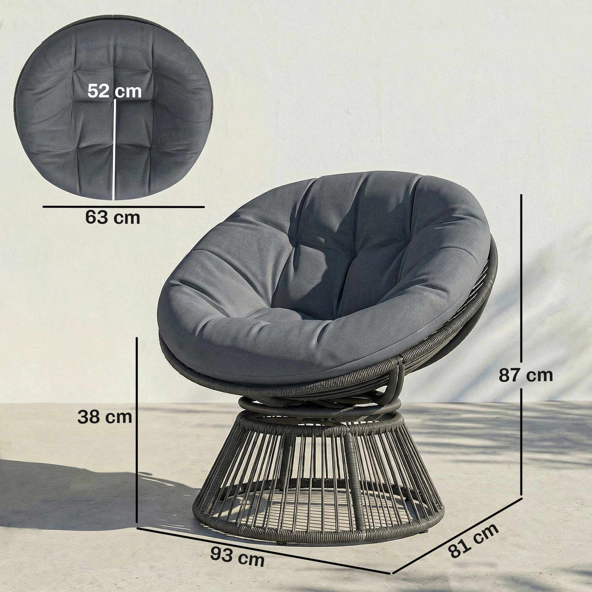 Rotating Papasan Chair with Cushion, Steel Frame, Grey