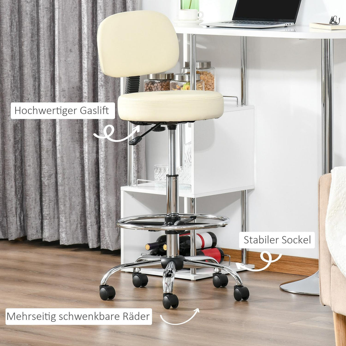 Rotating bar stool work stool with backrest, height adjustable, PU, beige, 56x57x104-127cm