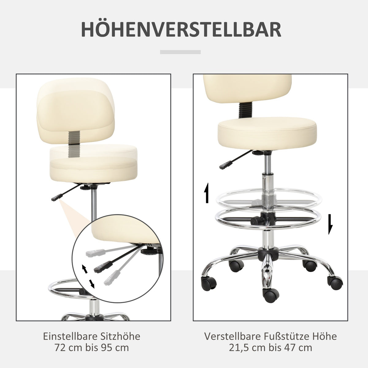 Rotating bar stool work stool with backrest, height adjustable, PU, beige, 56x57x104-127cm