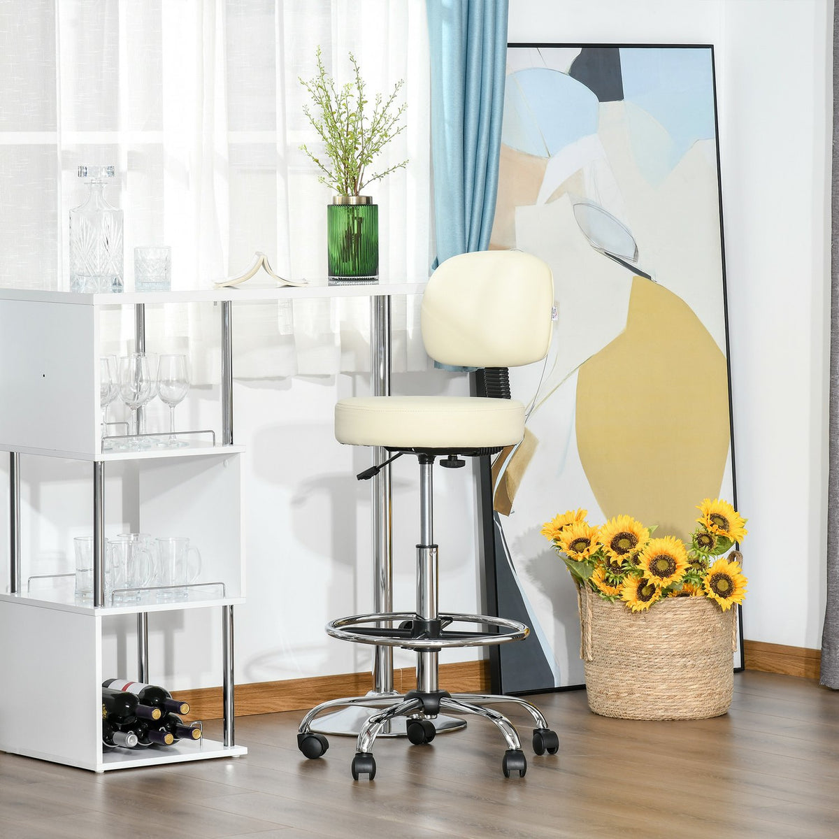 Rotating bar stool work stool with backrest, height adjustable, PU, beige, 56x57x104-127cm