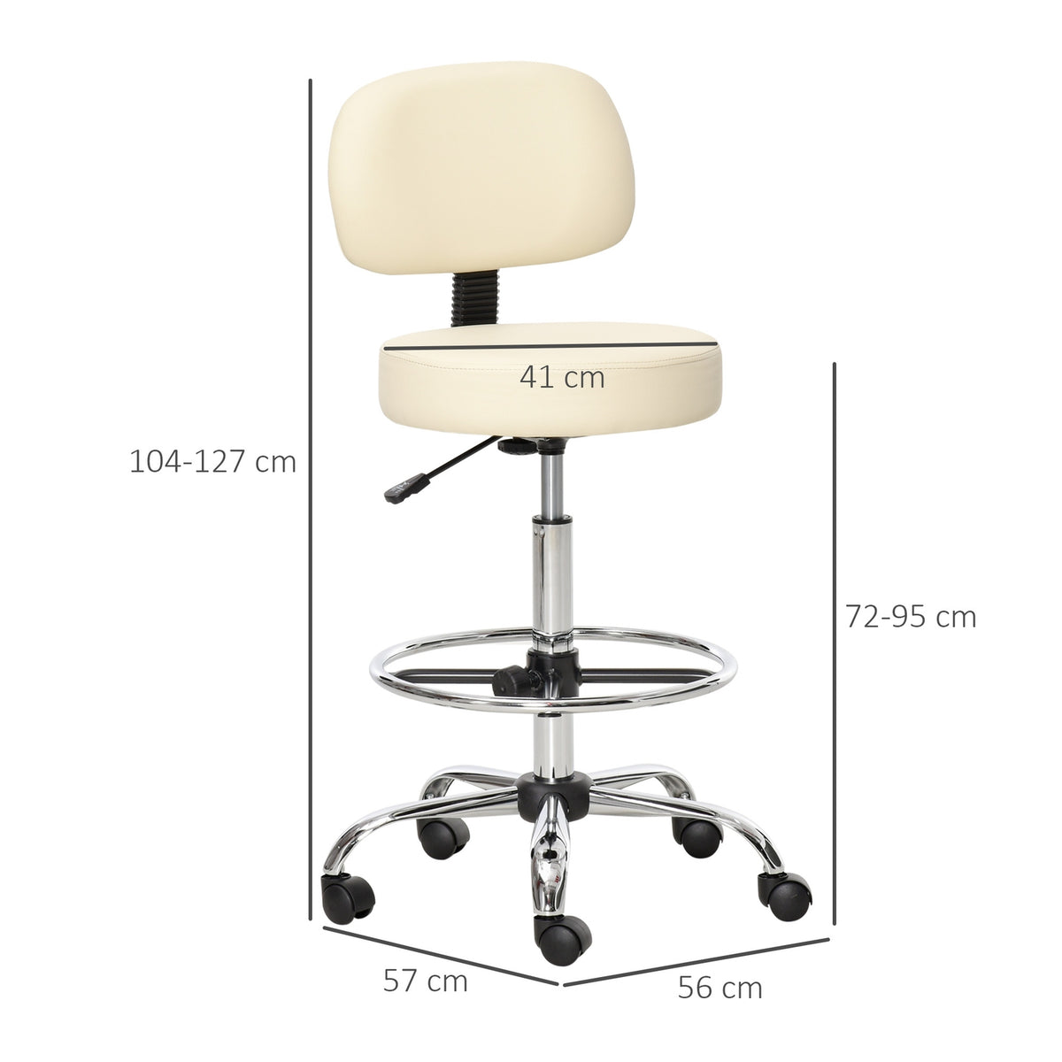Rotating bar stool work stool with backrest, height adjustable, PU, beige, 56x57x104-127cm