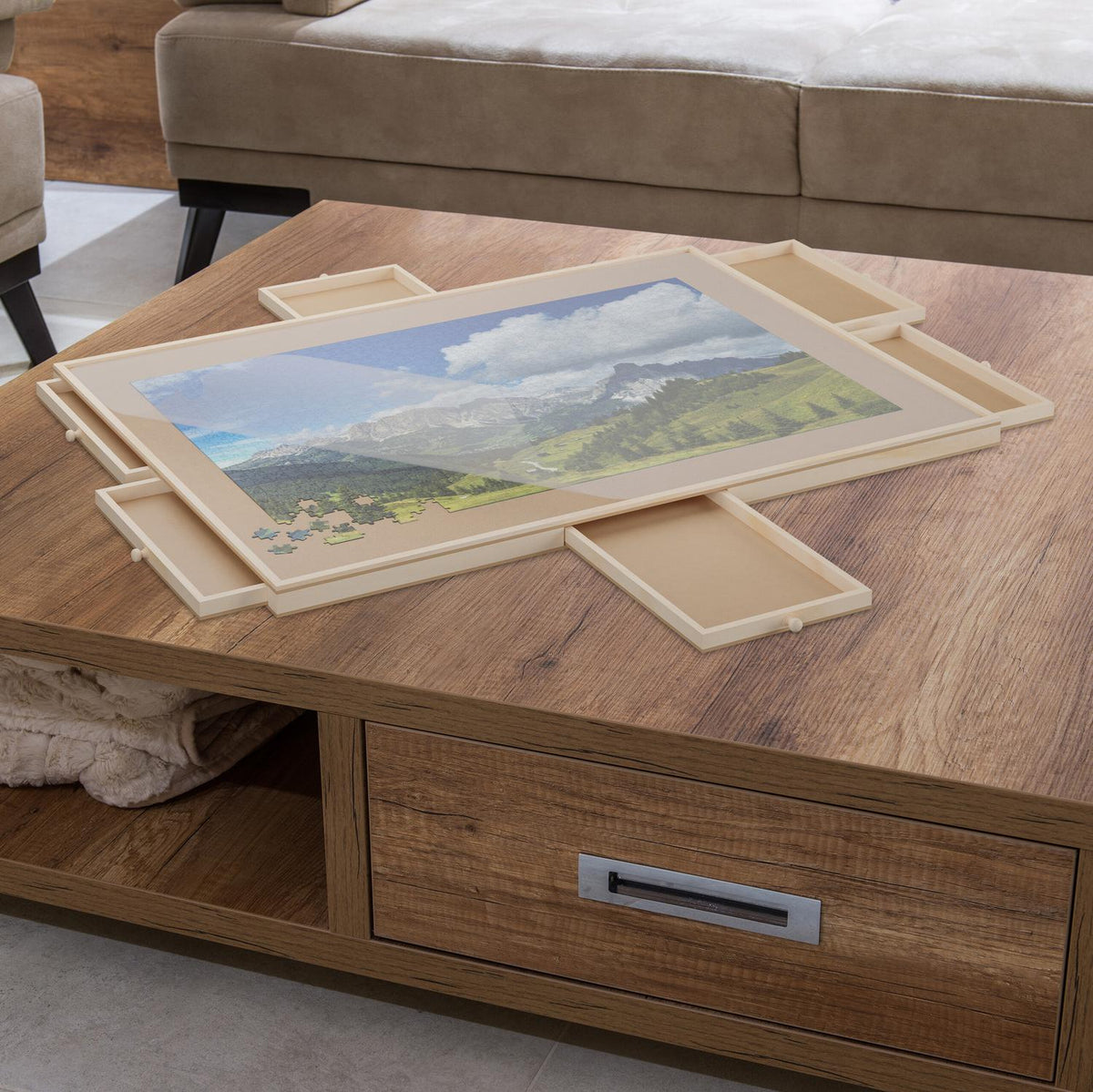 Rotating puzzle board with 6 drawers