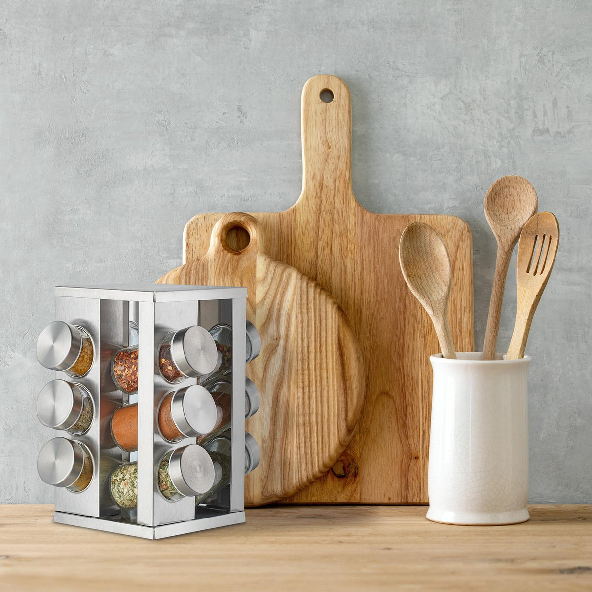 Rotating spice rack with 12 spice jars