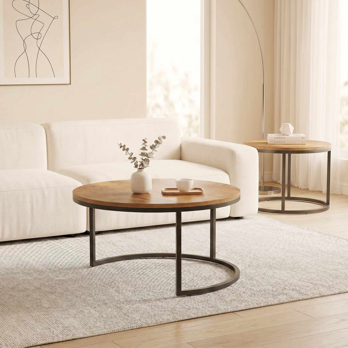 Round 2-Piece Coffee Table Set, Metal Frame, Brown