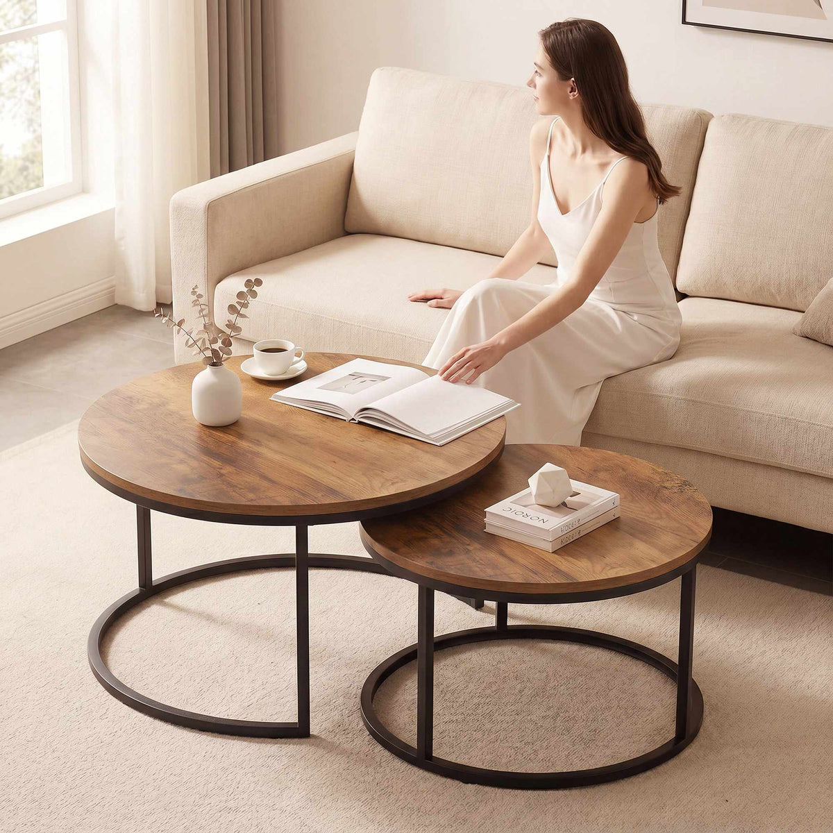Round 2-Piece Coffee Table Set, Metal Frame, Brown