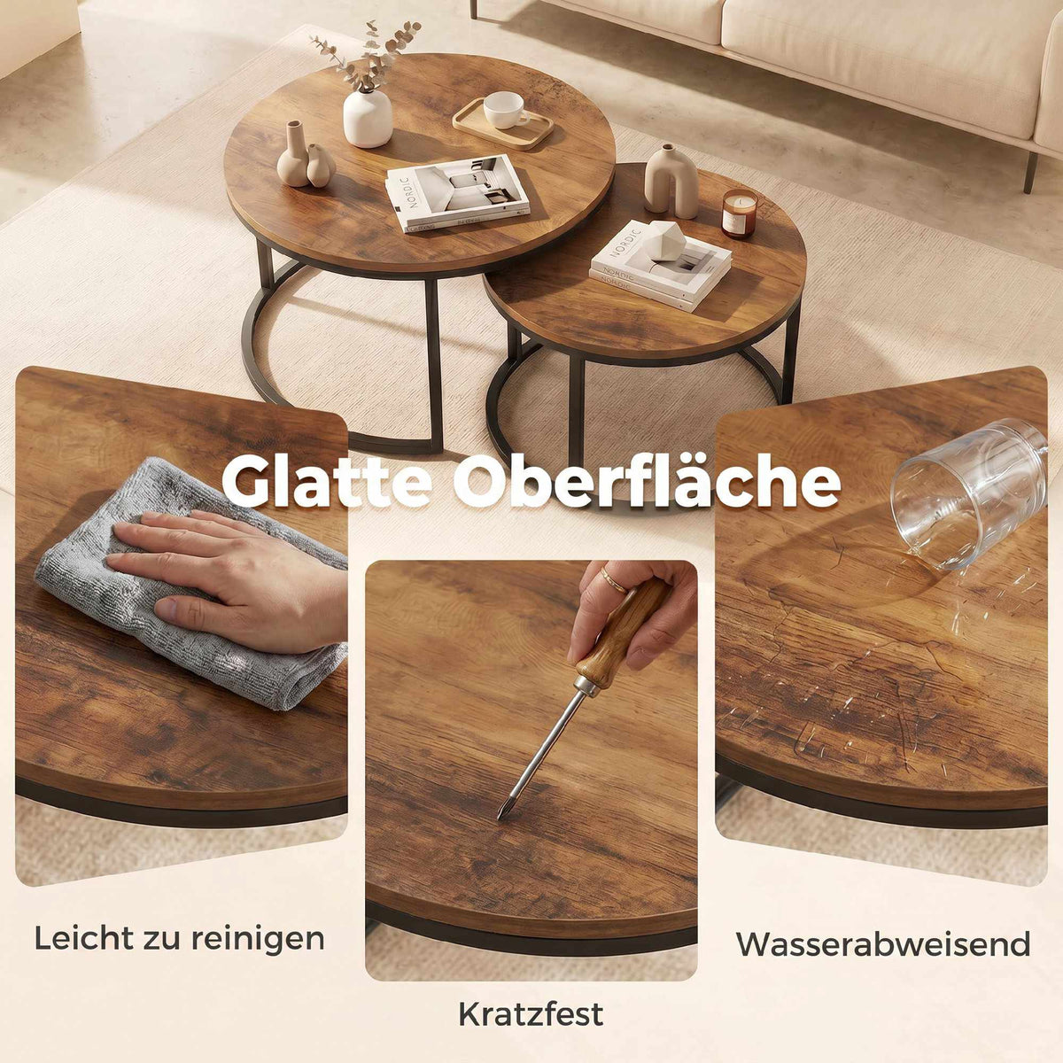 Round 2-Piece Coffee Table Set, Metal Frame, Brown