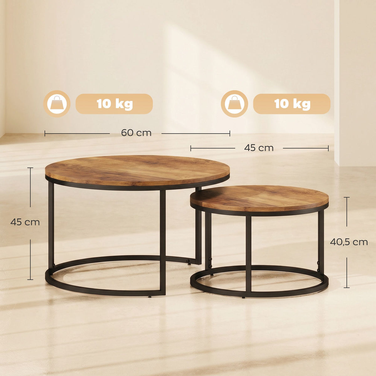 Round 2-Piece Coffee Table Set, Metal Frame, Brown