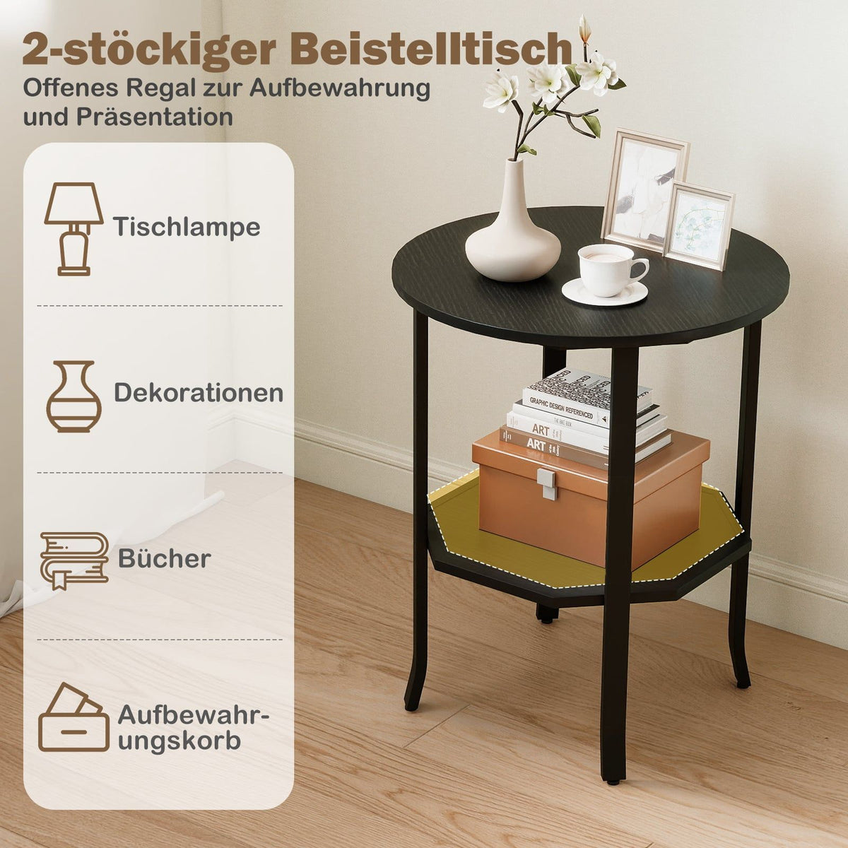 Round 2-Tier Side Table with Shelf, Black Metal