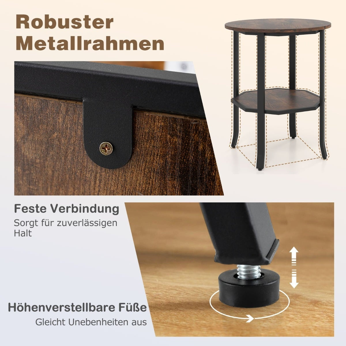 Round 2-Tier Side Table with Shelf, Rustic Brown