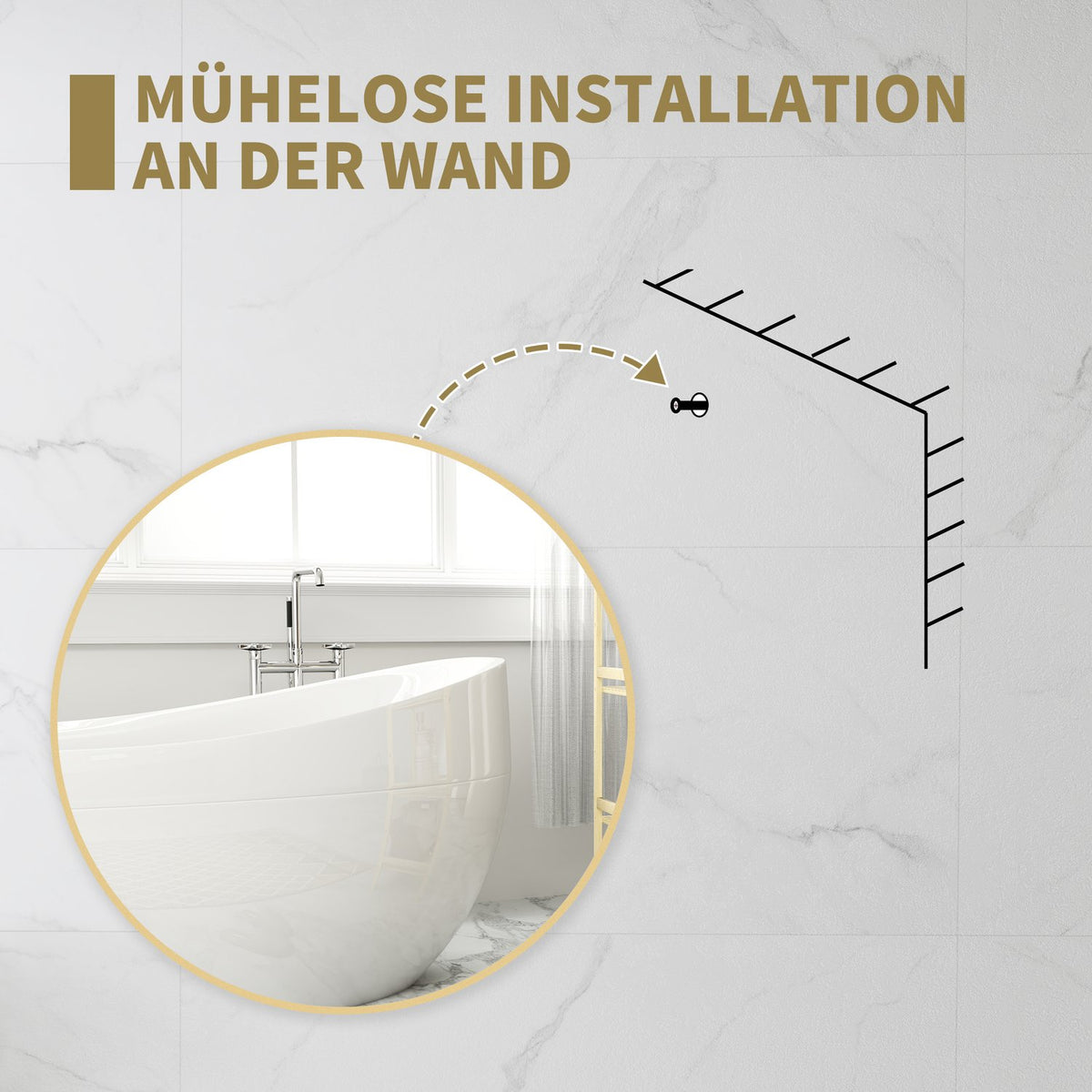 Round Bathroom Mirror, 70x70 cm, Gold Frame, Safety Glass