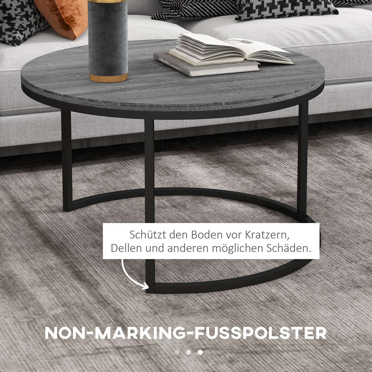 Round Coffee Table Set of 2 Stackable Side Tables with Metal Frame, Living Room Table with Wood Look Coffee Table for Living Room Bedroom Black