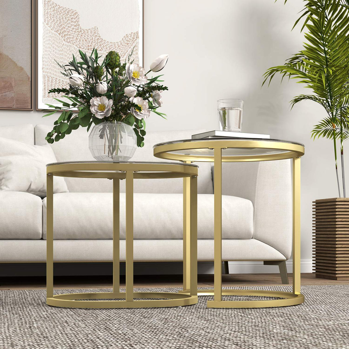Round Coffee Table Set of 2 Stackable Side Tables with Steel Frame, Living Room Table Coffee Table for Living Room Bedroom Gold