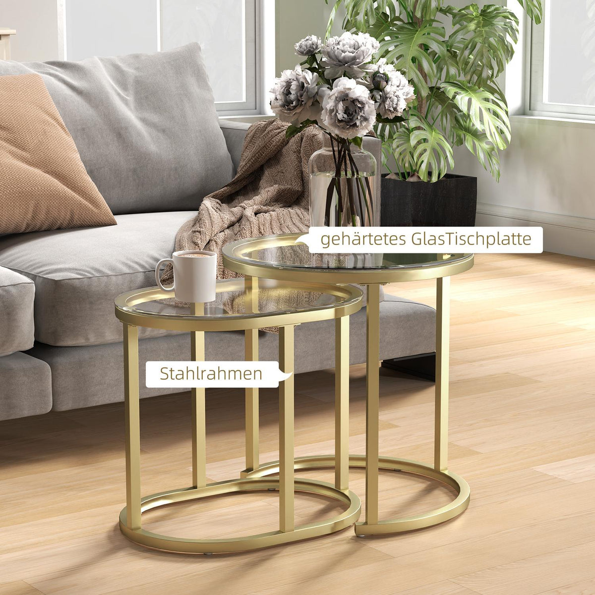 Round Coffee Table Set of 2 Stackable Side Tables with Steel Frame, Living Room Table Coffee Table for Living Room Bedroom Gold