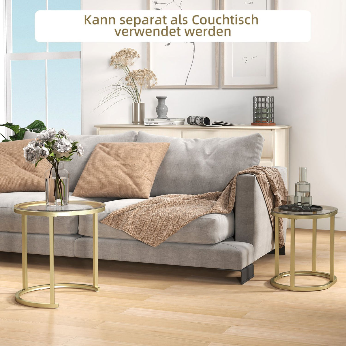 Round Coffee Table Set of 2 Stackable Side Tables with Steel Frame, Living Room Table Coffee Table for Living Room Bedroom Gold